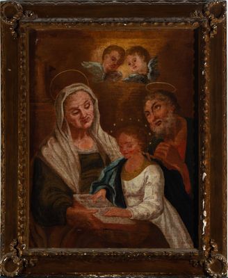 a painting of a woman reading a book to a group of people