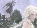 un dessin représentant une femme en robe blanche et, à l'arrière-plan, un homme en costume noir