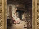 an image of a painting of a woman sitting in front of a fire place