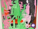peinture abstraite représentant un homme et une femme dans une pièce verte et rose