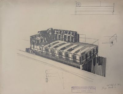 dessin représentant un canapé sur lequel sont posées de nombreuses boîtes