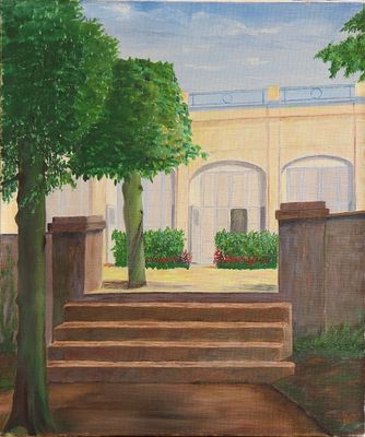 tableau représentant un escalier menant à un bâtiment, avec des arbres au premier plan