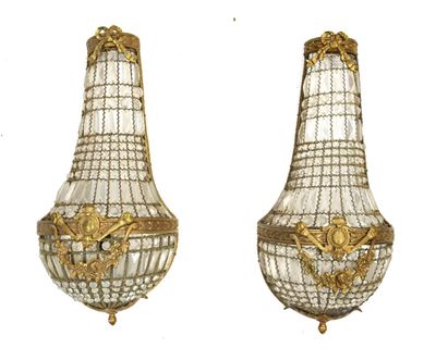 paire d'appliques murales anciennes en laiton et en verre