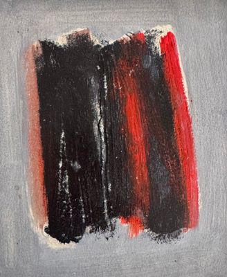 an abstract painting of a black and red brush stroke on a gray background