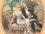une peinture représentant un homme et une femme assis sur un canapé