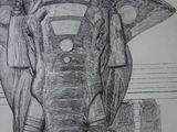 a drawing of an elephant that is standing in front of a building