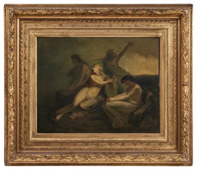 un tableau représentant une femme et deux hommes dans un paysage
