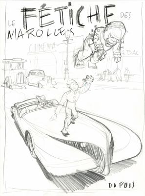 dessin représentant un homme faisant du skateboard sur le toit d'une voiture