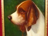 painting of a brown and white dog in a red frame