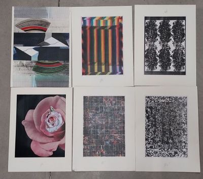 Quatre photographies différentes d'une rose sont disposées sur une table
