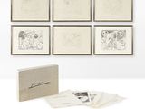 une série de six dessins et une boîte de cartes sur un fond blanc