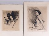 deux dessins représentant une femme en robe blanche et un homme sur une photo en noir et blanc