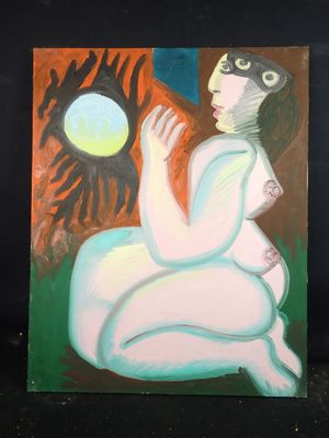 une peinture à l'huile représentant une femme assise sur une chaise, avec un soleil en arrière-plan
