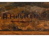 an oil painting of a boat in the ocean with a name written on it