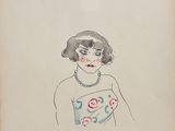 a drawing of a woman in a dress with flowers on it