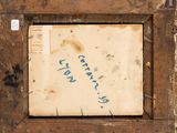 an old picture of a picture of a wooden frame with writing on it