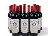 six bottles of red wine lined up in a row on a white surface