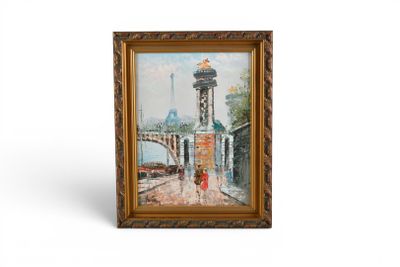 une peinture représentant une peinture d'un pont sur lequel marchent des gens