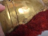 a person holding a gold helmet with a red fur on it