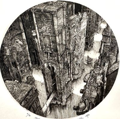 une image représentant un dessin d'une ville à l'intérieur d'un cercle