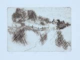 une image représentant un dessin d'un paysage de montagne avec une maison au loin