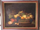 une peinture à l'huile représentant des fruits dans un panier posé sur une table