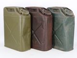 four different colors of jerry cans are lined up against a white background