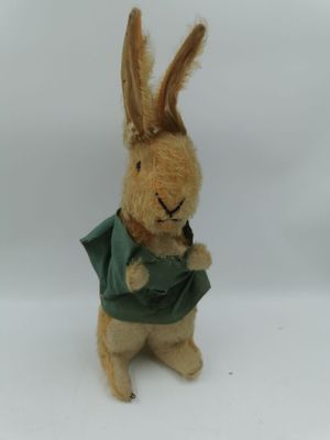 a small stuffed rabbit that is wearing a green shirt