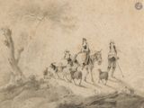 un dessin représentant un groupe de personnes à cheval