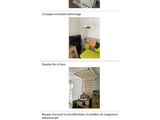 four different pictures of a living room and a kitchen