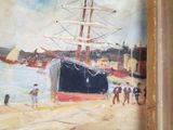 a painting of a ship on display in a frame