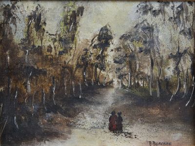 painting of two people walking down a dirt road in a wooded area