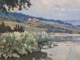 painting of a landscape with a river and trees in the foreground