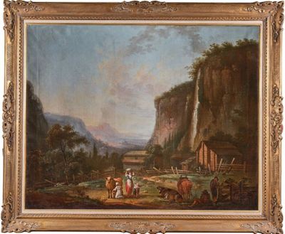 an oil painting of a landscape with a waterfall and people