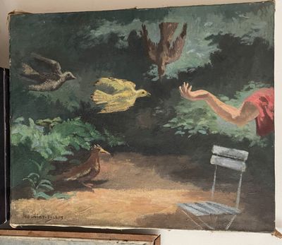 un tableau représentant une femme tendant la main vers un oiseau