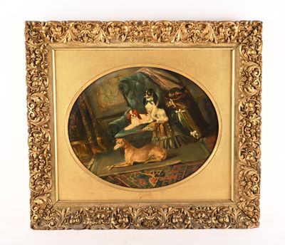 painting of a woman with a dog and a cat in a gold frame