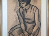 painting of a woman in a dress sitting on a chair