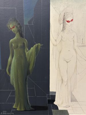 two drawings of a woman in a green dress and a woman in a green dress