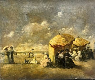painting of a group of people sitting on a beach under umbrellas