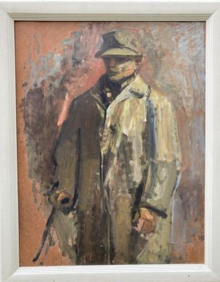 tableau représentant un homme en trench-coat et chapeau, tenant une canne