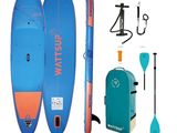 an image of a blue and orange surfboard with paddles and a bag