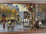 a painting of a horse drawn carriage on a city street