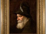 un tableau représentant un homme barbu coiffé d'un chapeau noir et portant une barbe blanche