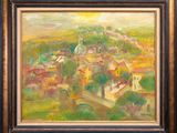an oil painting of a village in the countryside