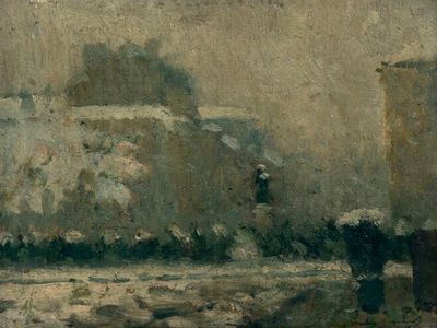 un tableau représentant un homme marchant dans la neige avec un cheval