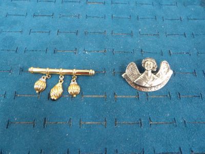 a gold brooch and a gold pin on a blue surface