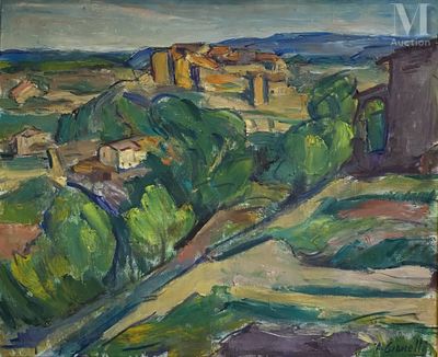 une peinture à l'huile représentant une vue d'une ville depuis une colline