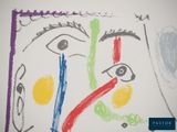 an image of a child ' s drawing of a woman ' s face with colored pencils