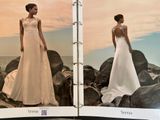 two pictures of a woman in a wedding dress on the beach