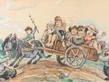 tableau représentant des enfants dans une charrette tirée par des chevaux sur un chemin de terre
